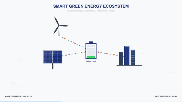 Sustainable energy system with solar panel, wind turbine, battery, and cityscape
