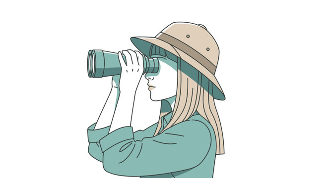 Woman looking through binoculars outdoors.