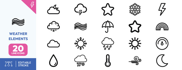 Naklejka premium Sky Phenomena icon set. Containing crescent moon, full moon, star, snowflake, lightning bolt, cloud variations, raindrop, sun, rainbow, wind gust, umbrella. Editable stroke. Vector illustration.