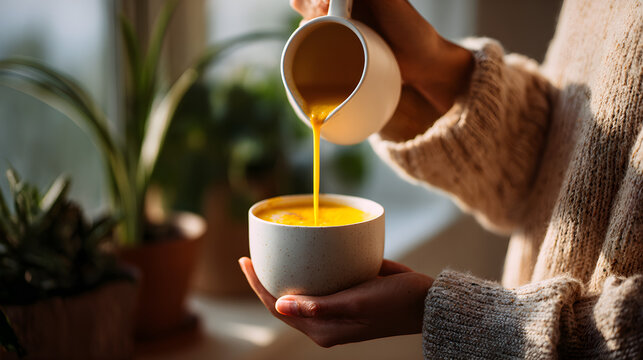 Person pouring turmeric latte into a speckled white bowl from a ceramic mug