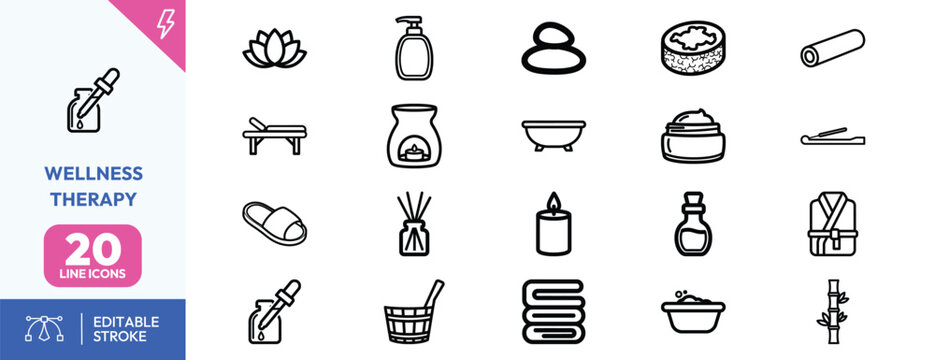 Therapeutic Spa Rituals icon set. Containing massage roller, herbal steam bowl, bamboo mat, lotus flower, gua sha tool, essential oil bottle, towel roll. Editable stroke. Vector illustration.