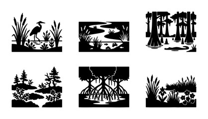 Fototapeta premium Wetland Ecosystem Silhouette Scenes Icon Set, Nature, for Environmental Conservation