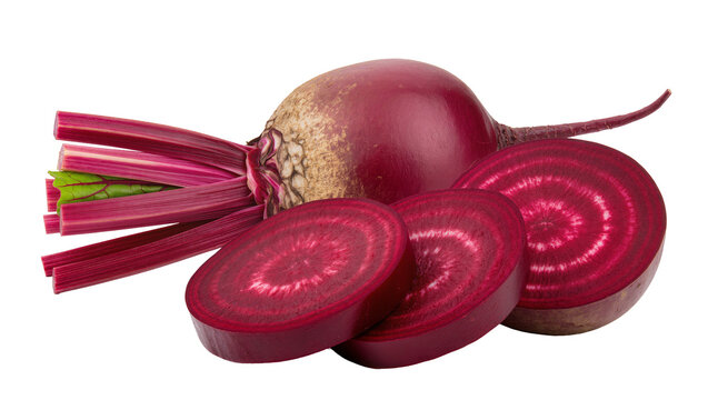 Isolated fresh beet with green leaves and sliced round pieces, vibrant organic root vegetable