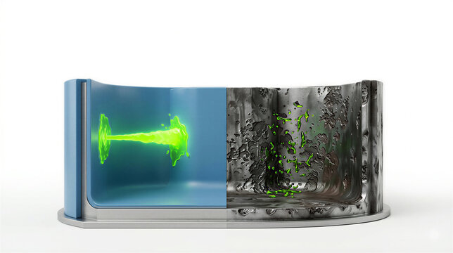 Comparison between anti-corrosion protective coating and damaged rusted metal surface from toxic green liquid.