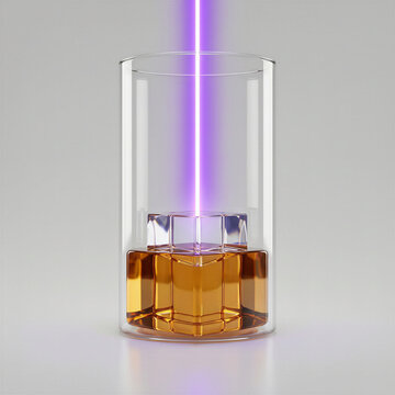 Laser curing process in additive manufacturing showing vertical violet beam creating a polymer object in resin.