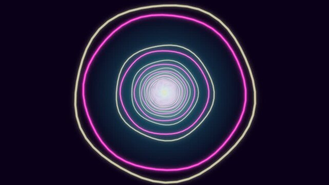 Colorful circular light patterns create a tunnel effect with motion