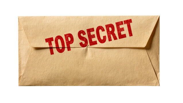 Isolated vintage brown paper envelope with top secret stamp for confidential file