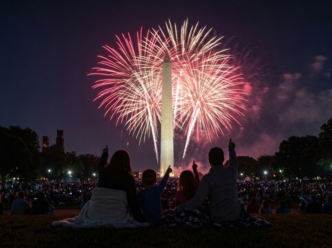 Rear view of a family enjoying dazzling fireworks exploding over the majestic Washington Monument during a vibrant night celebration in Washington D.C., perfect for patriotic themes and travel.