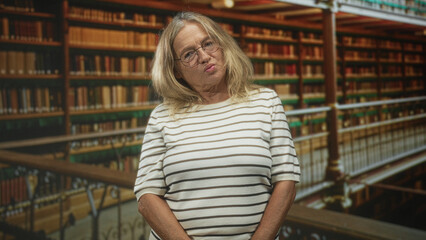 Fototapeta premium Senior woman tilting head, eyes closed, standing before tall bookshelves in a library; quiet reflection.