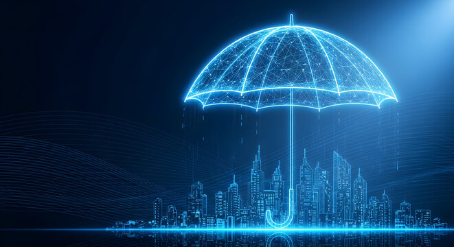 Digital concept of a glowing blue umbrella shielding a futuristic city skyline, representing data security and protection