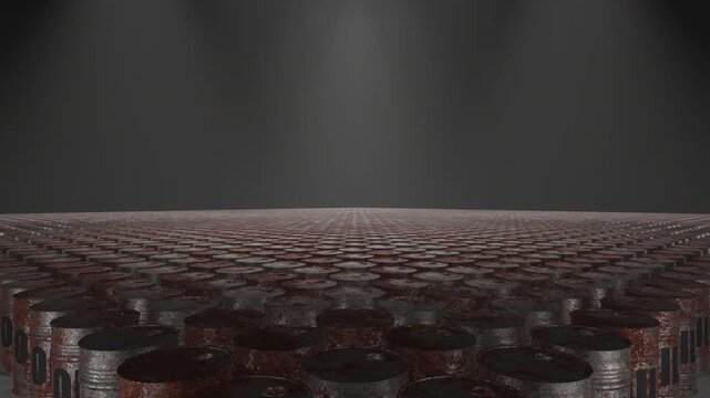 Rows of rusty oil barrels extend across an industrial scene under dramatic lighting