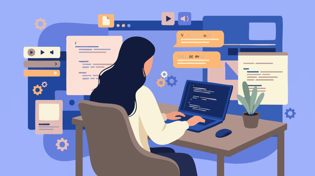 Woman coding on laptop with programming elements and chat notifications