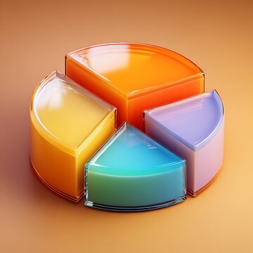 Colorful Pie Chart Sections: A visually appealing 3D pie chart, rendered in vibrant hues of orange, yellow, blue, and purple, representing data segmentation or financial breakdown against a warm.