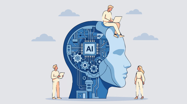 Artificial Intelligence concept with people working on digital brain technology