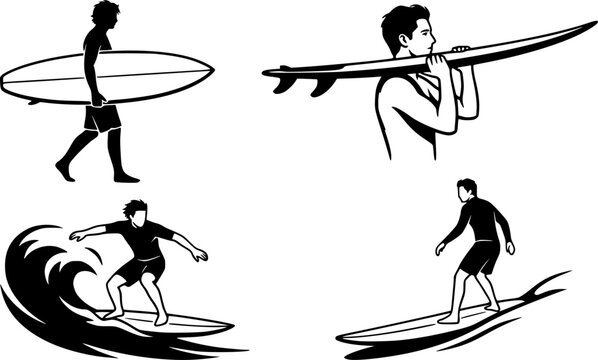 set vector various carrying Surfboard, surfer, guy standing Surfboard ,
