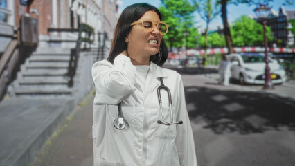 Fototapeta premium Woman doctor in white coat with stethoscope clutching her neck and grimacing, wearing yellow glasses on a leafy street beside brownstone steps and parked car; stress.