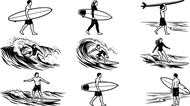 set vector various carrying Surfboard, surfer, guy standing Surfboard ,
