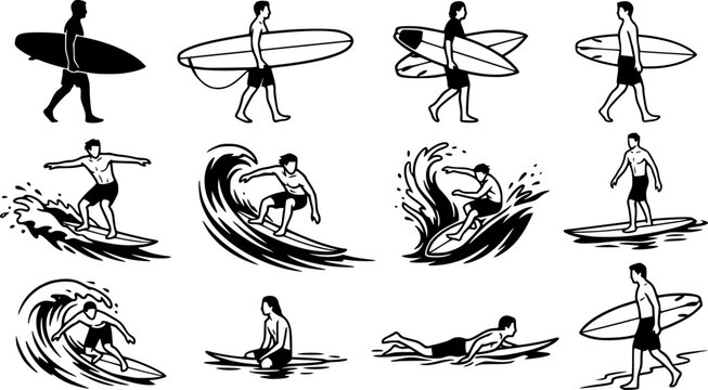 set vector various carrying Surfboard, surfer, guy standing Surfboard ,
