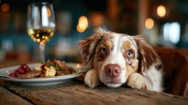 A hungry dog gazes longingly at a beautifully plated gourmet dish on a rustic table in a cozy restaurant setting, embodying the spirit of companionship and shared moments.