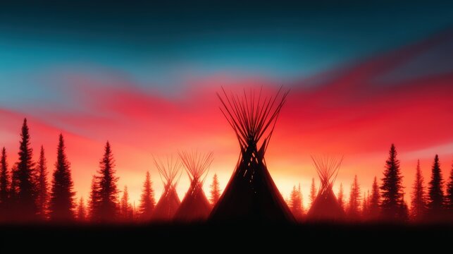 Silhouetted teepees gracefully stand against a stunning sunset sky, surrounded by tall trees, creating an enchanting natural landscape that evokes a sense of adventure and tranquility.