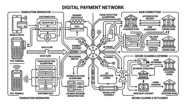 Detailed digital payment network schematic with algorithms and nodes.