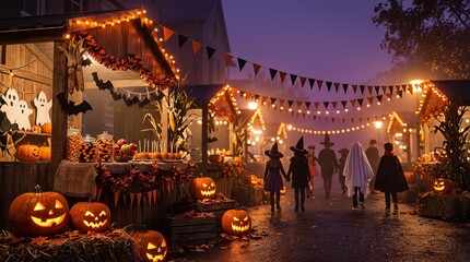 Naklejka premium Children in costumes walking through a festive halloween market at night