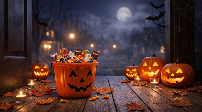 Jack o lantern bucket full of halloween candy on a porch at night