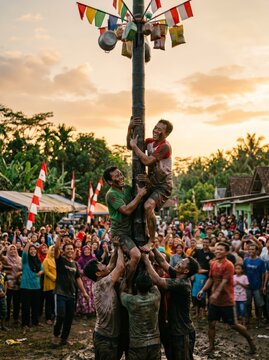 Vibrant Panjat Pinang: Mud-covered men climb a greasy pole, demonstrating challenging teamwork and perseverance during a festive Indonesian Independence Day celebration.