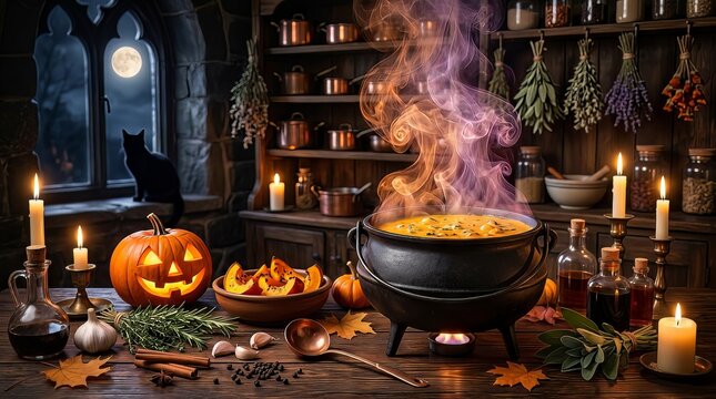 Witchy halloween kitchen scene with bubbling cauldron