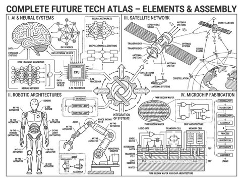 Future tech atlas covering AI robotics and satellites