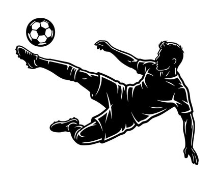 silhouette illustration of a soccer player kicking the ball with a somersault style.