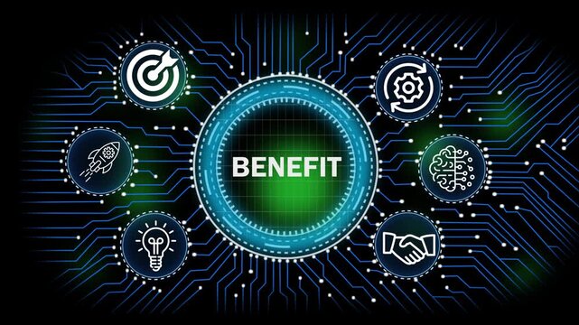 benefit digital network, technology, business concept with circuit board connections and icons for banking security finance growth and data analysis.4k video