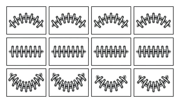 A collection of twelve black and white featuring various styles of football laces in a grid pattern layout