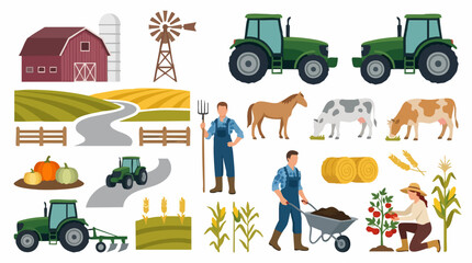 Farm life vector set with farmers, animals, machinery, and crops © Siamart