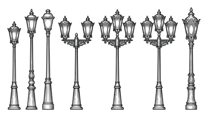 A collection of vintage street lamp illustrated in a detailed black and white style on a white background © Sultana