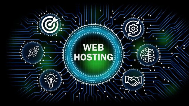 web hosting digital network, technology, business concept with circuit board connections and icons for banking security finance growth and data analysis.4k video
