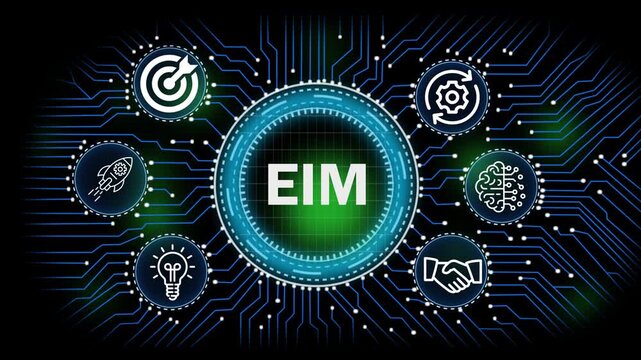 EIM digital network, technology, business concept with circuit board connections and icons for banking security finance growth and data analysis.4k video