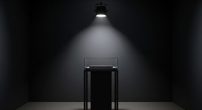 An empty glass display case on a dark stand under a single bright spotlight in a black room