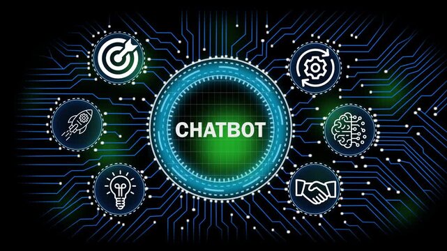 chatbot digital network, technology, business concept with circuit board connections and icons for banking security finance growth and data analysis.4k video