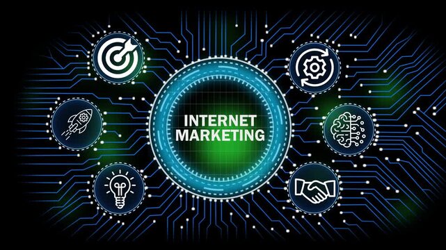 internet marketing digital network, technology, business concept with circuit board connections and icons for banking security finance growth and data analysis.4k video