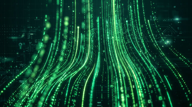 Futuristic green data stream wave background with glowing matrix particles