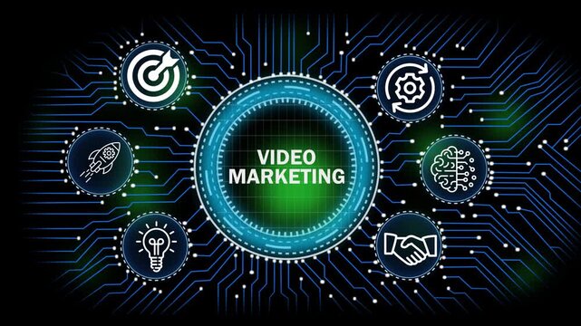 video marketing digital network, technology, business concept with circuit board connections and icons for banking security finance growth and data analysis.4k video