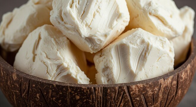 Close-up of raw organic shea butter chunks or natural coconut oil cream in a rustic coconut shell bowl