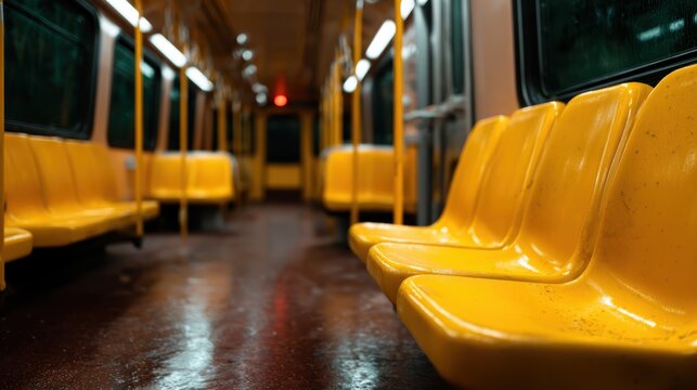This image showcases a line of vibrant yellow seats in a train car during a rainy day, emphasizing the unique combination of urban life and abstract emotional resonance.