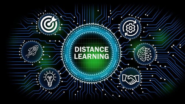 distance learning  digital network, technology, business  concept with circuit board connections and icons for banking security finance growth and data analysis 
