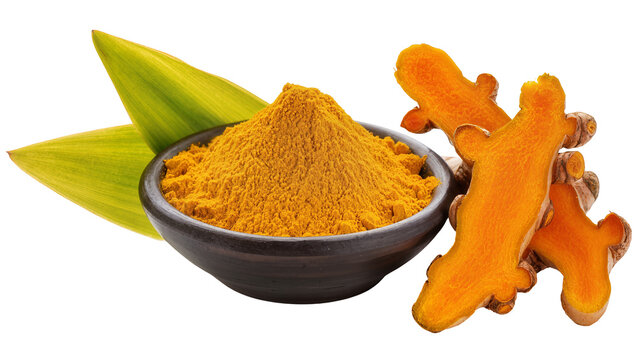Isolated fresh turmeric root rhizome slices and vibrant powder in a bowl with green leaves.