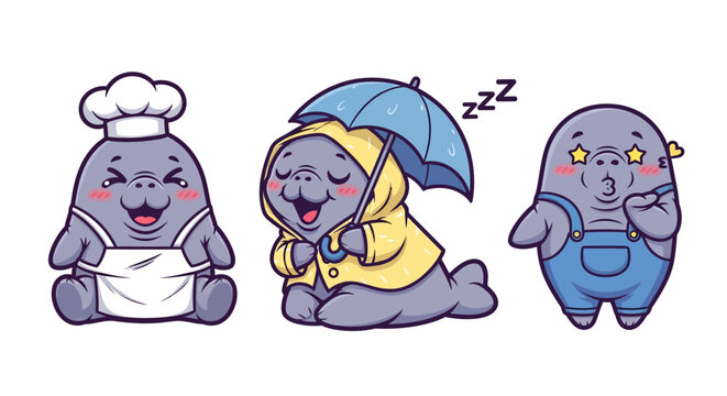 Cute Cartoon Elephant Characters in Various Outfits and Moods.