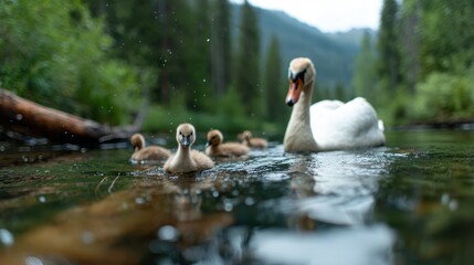 Fototapeta premium A serene scene depicting a mother swan swimming with her ducklings in a tranquil water setting, highlighting the beauty of nature and maternal instincts in wildlife.