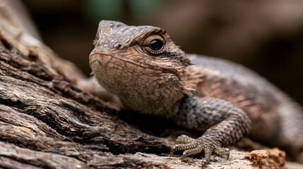 Obraz premium A joyful and fluffy lizard rests on a soft log showcasing beautiful textures and bright engaging eyes in a natural setting