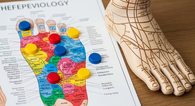 A foot reflexology chart or map lying on a wooden table next to a wooden anatomical foot model used for alternative medicine and massage training